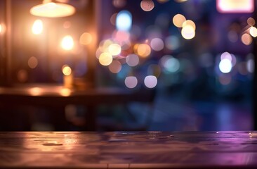 Empty wooden table top on blur light gold bokeh of cafe restaurant in dark background surrounded with light spots illusion.