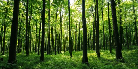 Fototapeta premium Lush green trees dominate the woodland area, creating a serene atmosphere. The vibrant green trees provide a captivating backdrop, showcasing the beauty of nature in the woods.