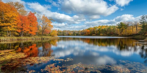 Autumn at a serene lake showcases the beauty of fall foliage and tranquil waters, perfect for capturing the essence of the season with vibrant colors in this autumn scene.