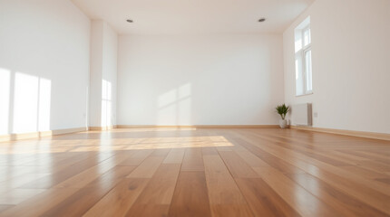 Obraz premium A minimalist interior design an empty, light-filled room with hardwood floors, an open floor plan, a large window, soft gentle light, diffused shadows, subtle illumination