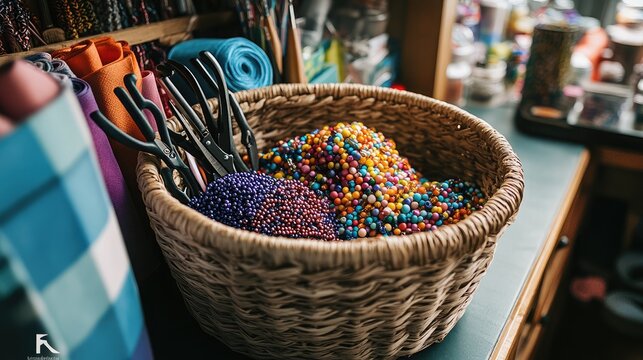 A craft basket containing colorful beads, scissors, and fabric, sitting on a crafting table
