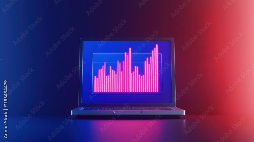 Poster modern laptop displaying colorful financial graph on dark background