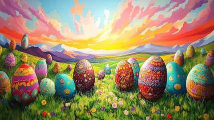 Joyful Easter gathering in a colorful field with vibrant eggs all around