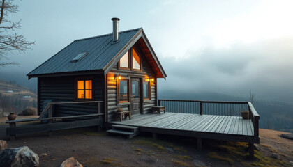 wooden cabin illuminated at dusk, set against a misty mountain backdrop