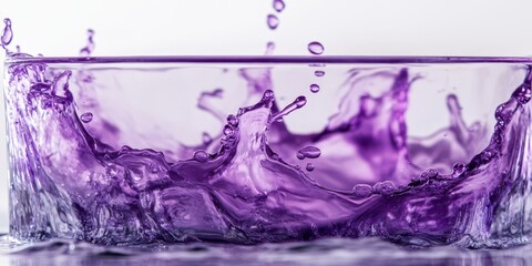 Close up of transparent glass featuring a vibrant violet jet of liquid, showcasing the elegance and fluidity of the violet liquid within the clear glass structure.