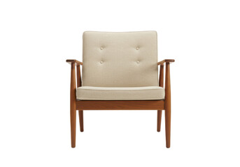 Fototapeta premium Mid-century modern wooden chair with a beige cushioned seat and backrest, isolated on white background