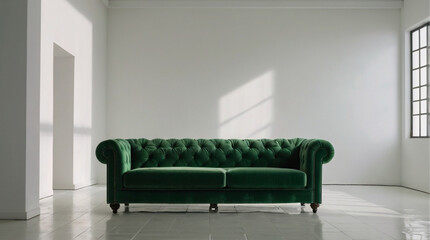 Modern living room with stylish furniture and comfortable leather seating, A green sofa in a minimalist white room