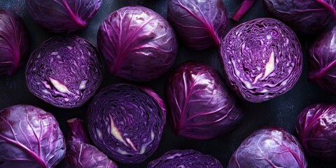 Vibrant red cabbage creates a stunning visual background, showcasing the unique tones and textures of red cabbage, perfect for culinary and artistic projects involving red cabbage.