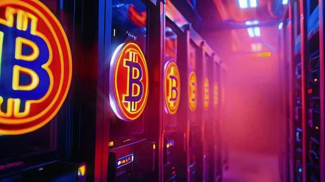 A digital representation of cryptocurrency mining with illuminated Bitcoin logos on servers.