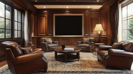 A contemporary living room design with leather armchairs, a coffee table centerpiece, and a large empty frame for creative customization.