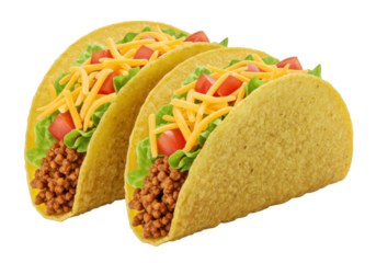 Two crispy tacos filled with seasoned meat, shredded cheese, lettuce, and diced tomatoes, isolated on white background