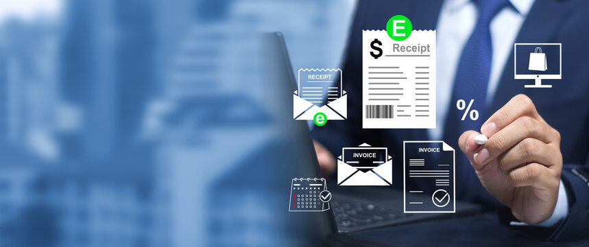 managing e-receipt, online invoices, electronic tax, e-invoice, and digital receipt statements concept 