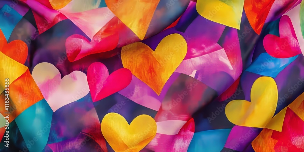 Poster a vibrant fabric fragment features a multi colored abstract print showcasing bright geometric hearts