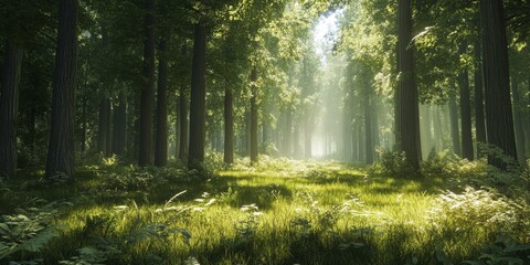 Obraz premium Spacious clearing in the forest creates a serene atmosphere, inviting exploration and connection with nature. This large clearing in the forest serves as a perfect spot for relaxation and discovery.