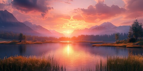 Scenic landscape featuring a breathtaking sunset over a tranquil lake, creating a serene atmosphere that highlights the beauty of the landscape and the enchanting colors of the sunset.
