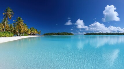 Fototapeta premium Tropical island beach paradise, calm turquoise water, palm trees, idyllic vacation