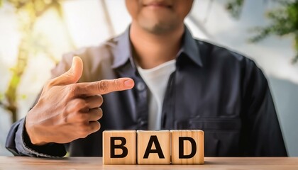 BADの英語の文字が書かれた木製のキューブブロック。aiで生成	