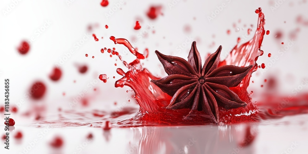 Poster red droplets splashing on anise fruit, set against a plain white background, create a striking visua