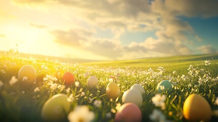 Bright Easter celebration with vibrant eggs in a sunlit field of green grass