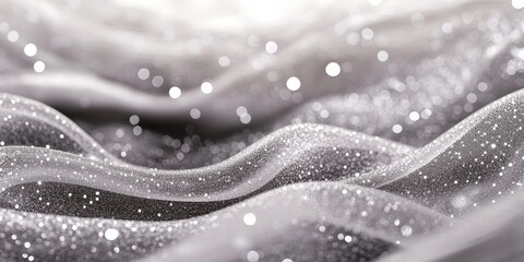 The background features a shimmering silver hue, adorned with an abstract texture filled with sparkling glitter that adds a touch of brilliance and allure.