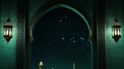 This artistic design highlights the peaceful atmosphere of Eid al-Fitr, featuring a starlit sky and intricate Islamic motifs