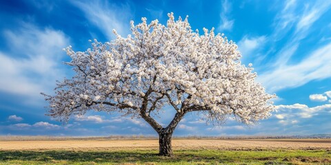 Stunning almond tree in bloom showcases its beauty during spring beneath a vibrant blue sky, highlighting the elegance of the almond tree in full blossom.