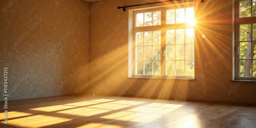Poster Empty room bathed in warm sunlight streaming through large windows