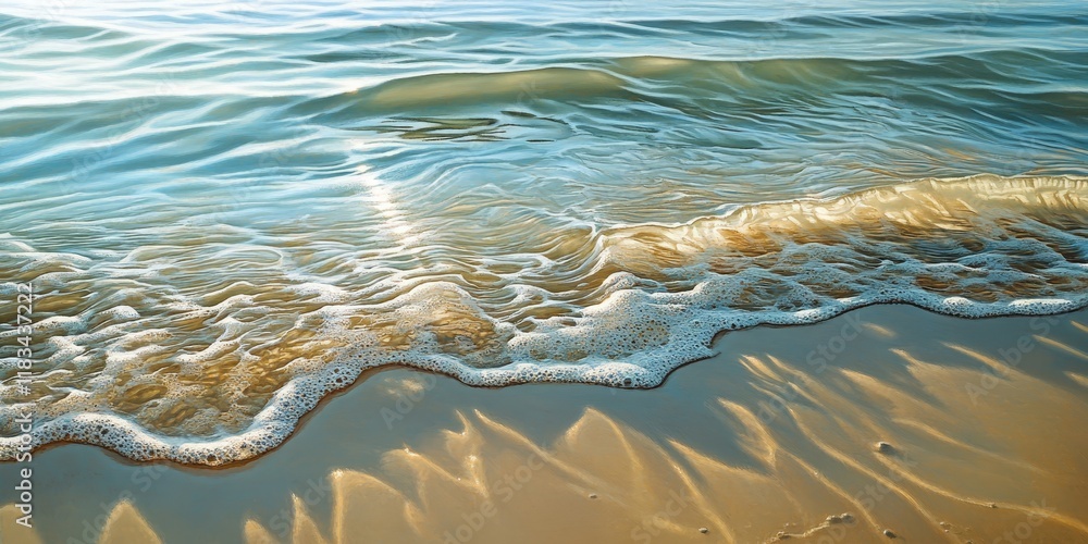 Poster a tranquil sea shore showcases gentle tides and soft waves, creating intriguing patterns and shadows