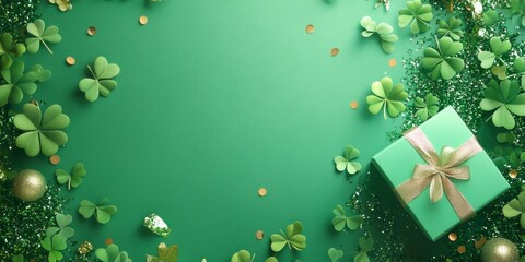 St. Patricks Day celebration backdrop featuring clover leaves, confetti, a gift box, and room for text. A lively green themed greeting card with high quality visuals.