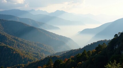 Obraz premium Serene Mountain Vista Misty Hillsides and Verdant Slopes