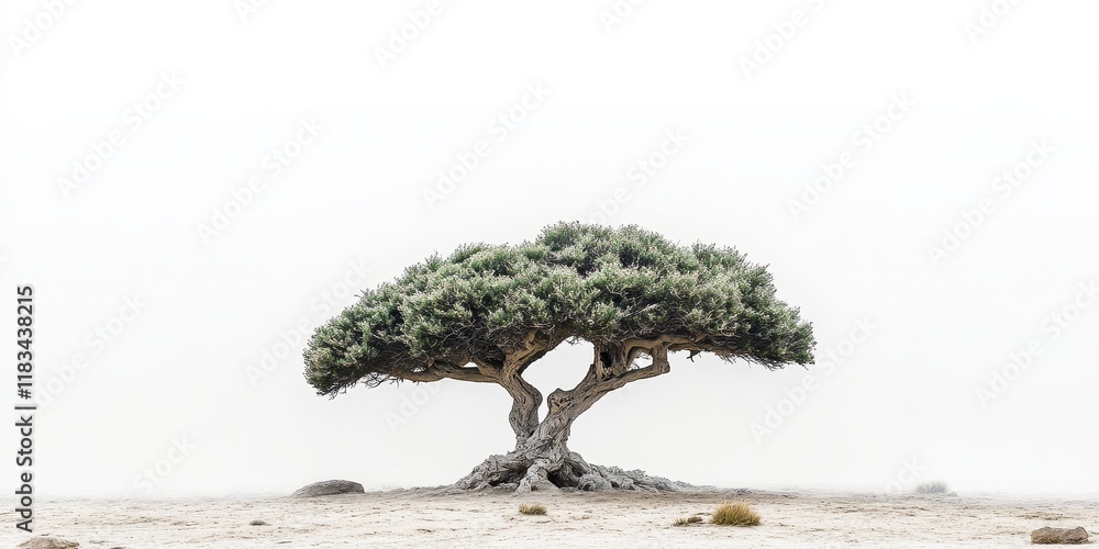 Poster unique shaped albiso tree stands out against a white sky background, showcasing the distinct feature