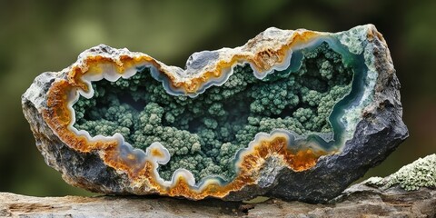 Fototapeta premium Moss agate, a semi precious gemstone, is a captivating type of chalcedony that showcases unique patterns. Discover the beauty and allure of moss agate, a desirable semi precious gemstone.