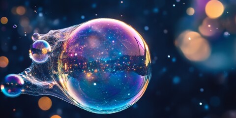 Naklejka premium A detailed view of a soap bubble galaxy set against a dark background, showcasing its vibrant colors and textures in a close up perspective.