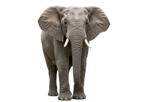 elephant standing, isolated on white background, front view, no depth of field, sharp.