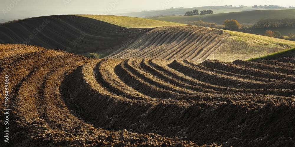 Aufkleber patterned landscape featuring a ploughed field, showcasing the unique textures and shapes created by