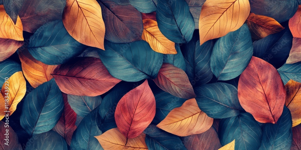 Poster ikat abstract background featuring a seamless pattern of leaves. this realistic photo collage showca