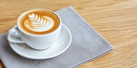 Obraz premium A beautifully crafted latte in a white cup, featuring a delicate leaf design, placed on a gray napkin atop a wooden table.