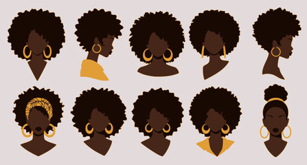 Set of silhouette afro girl. Collection of black woman face with stylized hairstyle. Vector illustration of girl head with stylized haircut.