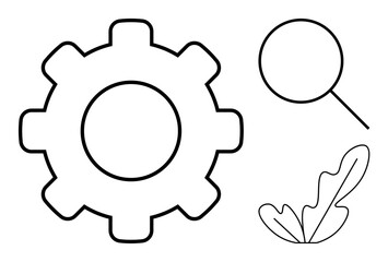 Gear, magnifying glass, and leaf outline represent industry, analysis, and ecology. Ideal for technology, research, innovation, nature conservation ecology sustainability and environmental