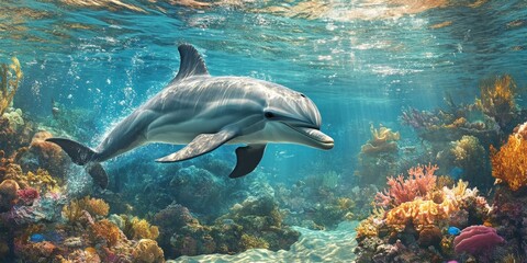 Obraz premium Curious dolphin explores its surroundings with playful curiosity, showcasing the intriguing behavior of the curious dolphin in a vibrant aquatic environment.