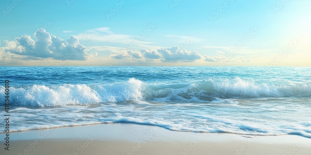 Poster a serene coastal view features gentle waves blending seamlessly into a clear blue sky, creating a pe