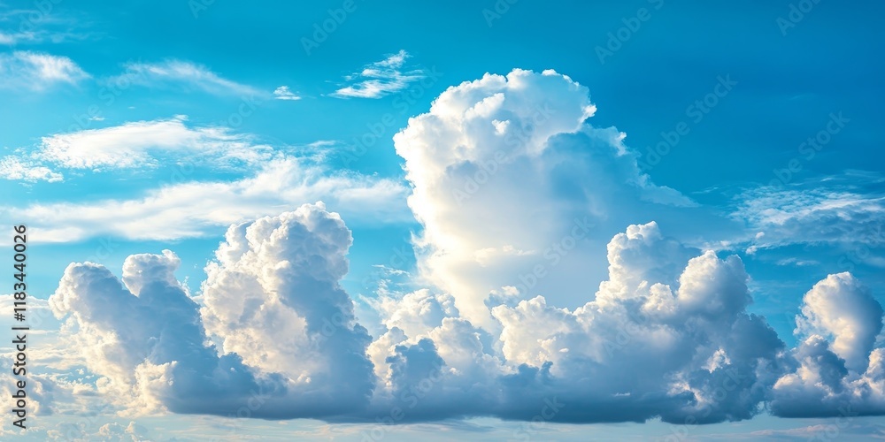 Poster small clouds float in the blue sky, creating a beautiful scene. various shapes and sizes of cumulus 