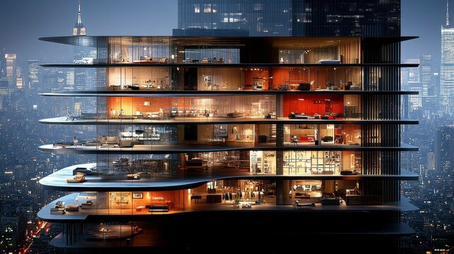 Creative concept of a mixed-use building, featuring apartments, retail spaces, and recreational areas, illustrating the rise of multifunctional structures in modern cityscapes