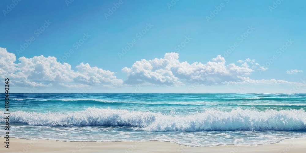 Poster a serene coastal view features gentle waves blending seamlessly into a clear blue sky, creating a pe
