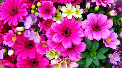 Design a lush floral background bursting with vibrant pinks, purples, and greens, featuring a variety of blooming flowers in high definition, creating a lively and inviting atmosphere."