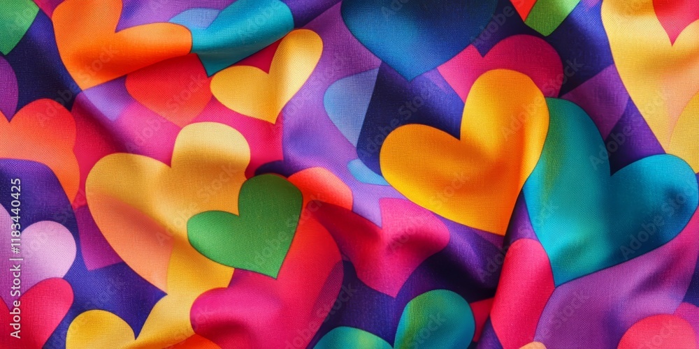Poster a vibrant fabric fragment features a multi colored abstract print showcasing bright geometric hearts