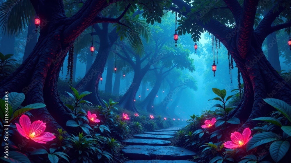 Poster enchanted forest path at dusk with glowing flowers and hanging lanterns