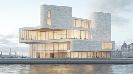 Obraz premium Conceptual drawing of a cultural building, such as a museum or theater, with dynamic curves and an open layout, symbolizing the importance of design in public spaces for the arts