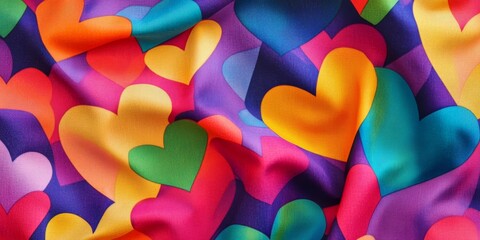 A vibrant fabric fragment features a multi colored abstract print showcasing bright geometric hearts, perfect for use as a background or decorative element in various creative projects.