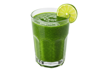 Glass of green smoothie with lime and kale isolated on white background, no depth of field, sharp.